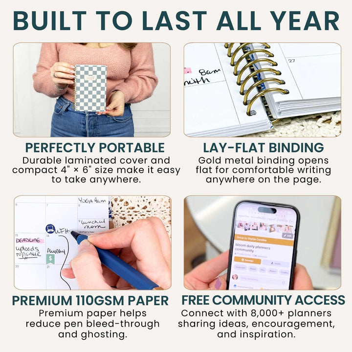 A 4-panel promotional infographic for a planner or notebook cover. The top text reads 'BUILT TO LAST ALL YEAR.
