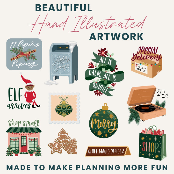 Hand-illustrated Christmas stickers featuring icons like gifts, ornaments, and shop signs