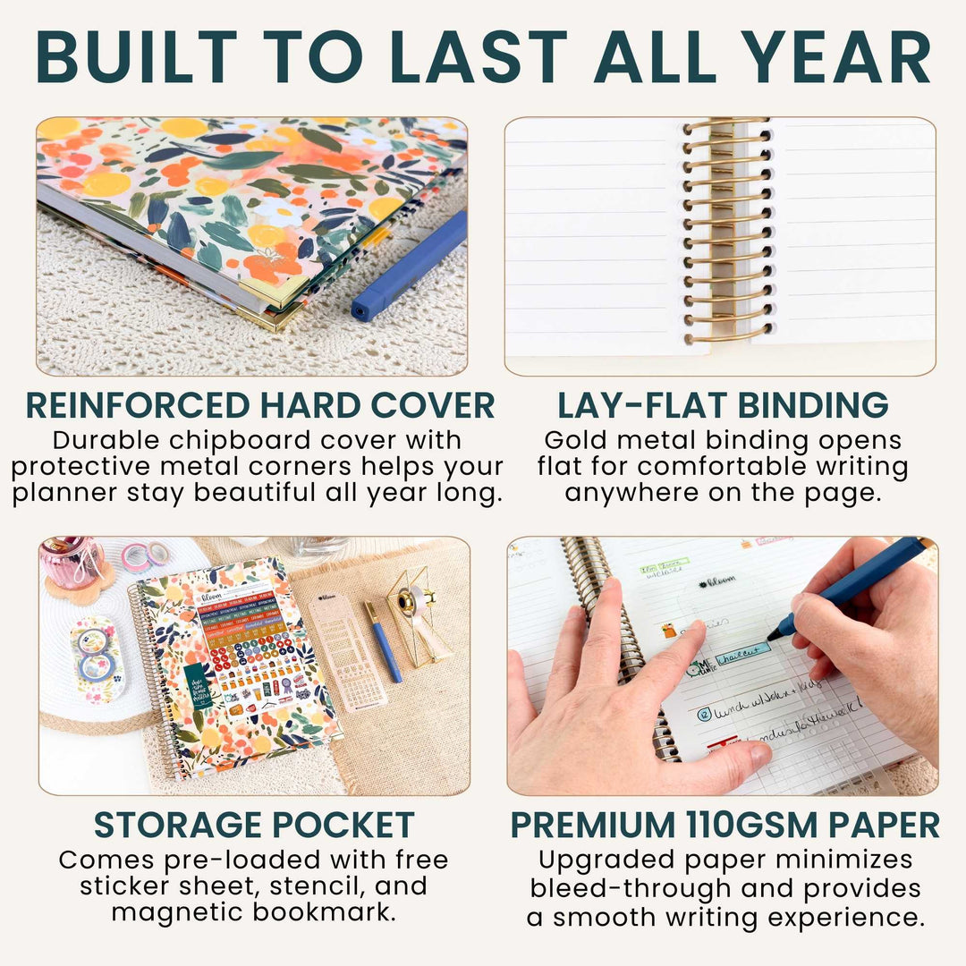 A four-panel promotional graphic for a floral planner notebook. The top headline reads 'BUILT TO LAST ALL YEAR.