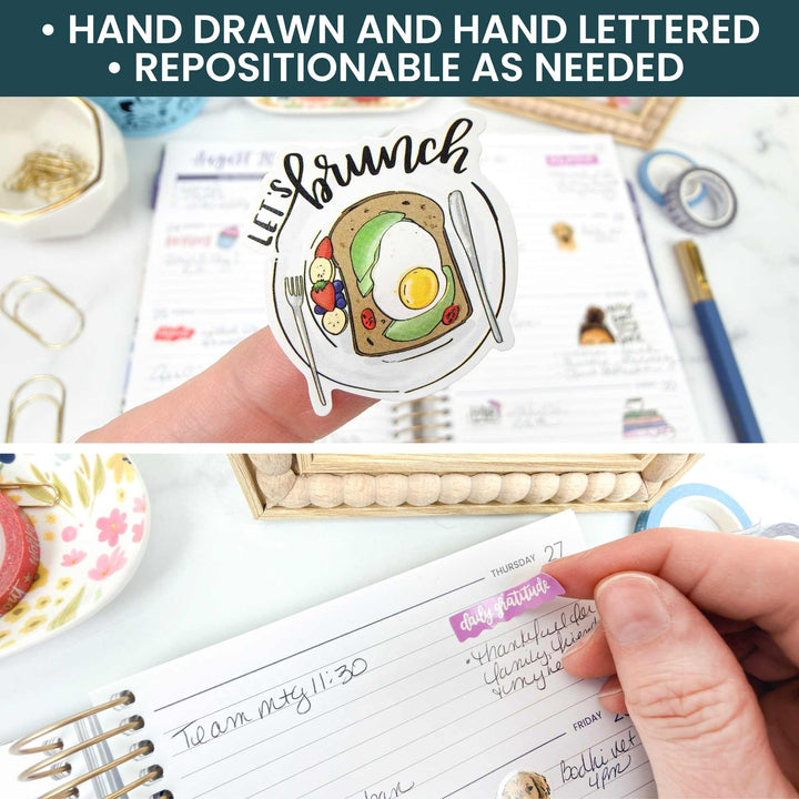 Hand-drawn 'Let's Brunch' sticker being applied to a planner with stationery items in the background.