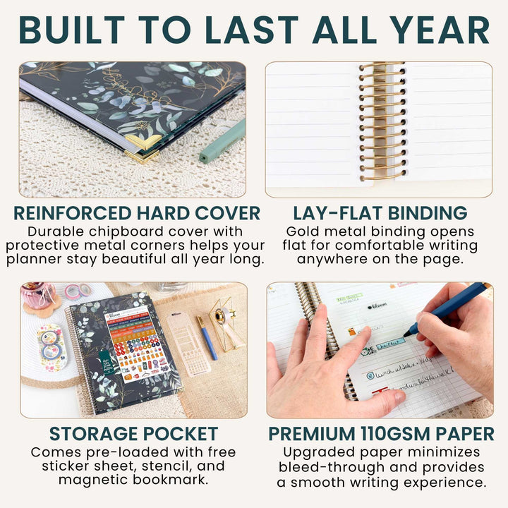 A promotional infographic for a planner notebook with four feature callouts: reinforced hard cover, lay-flat binding, storage pocket, and premium 110gsm paper. The top text reads 'BUILT TO LAST ALL YEAR.