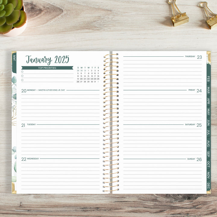 2025 Hard Cover Planner, 5.5" x 8.25", Eucalyptus, White