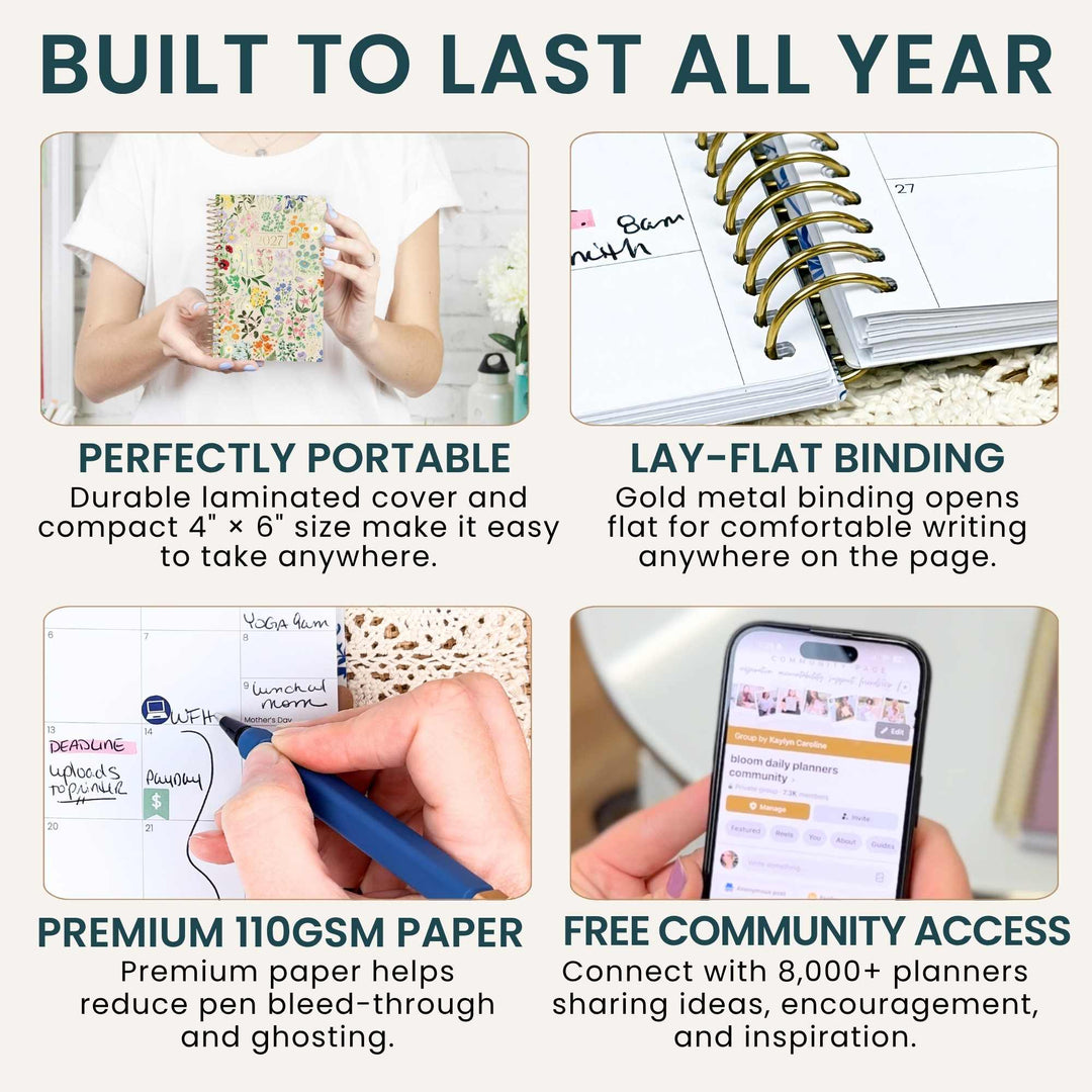 A 4-panel promotional graphic for a planner notebook. The top text reads 'BUILT TO LAST ALL YEAR.