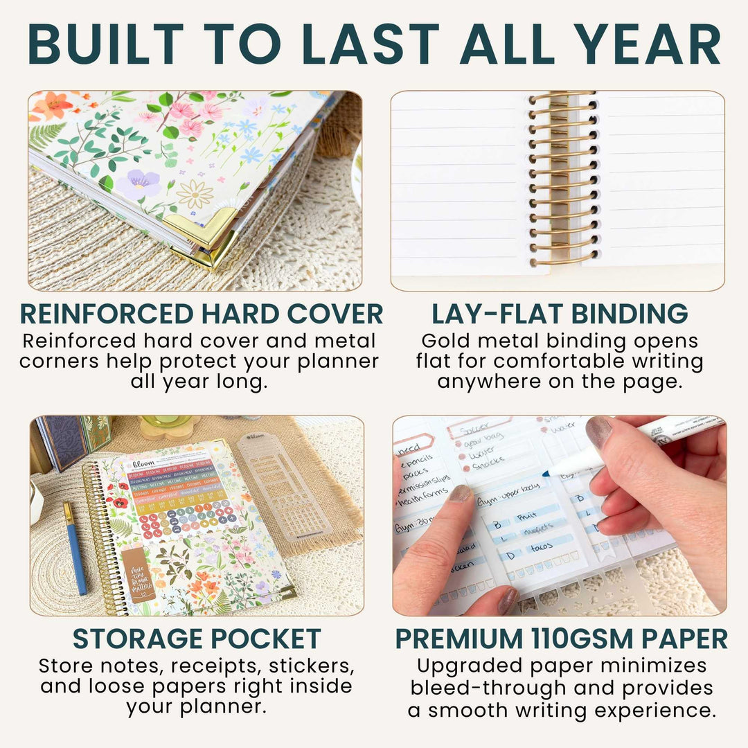 A 2x2 infographic detailing features of a floral planner: a hard cover with metal corners, gold lay-flat binding, a storage pocket, and premium 110 GSM paper. The top text reads 'BUILT TO LAST ALL YEAR'.