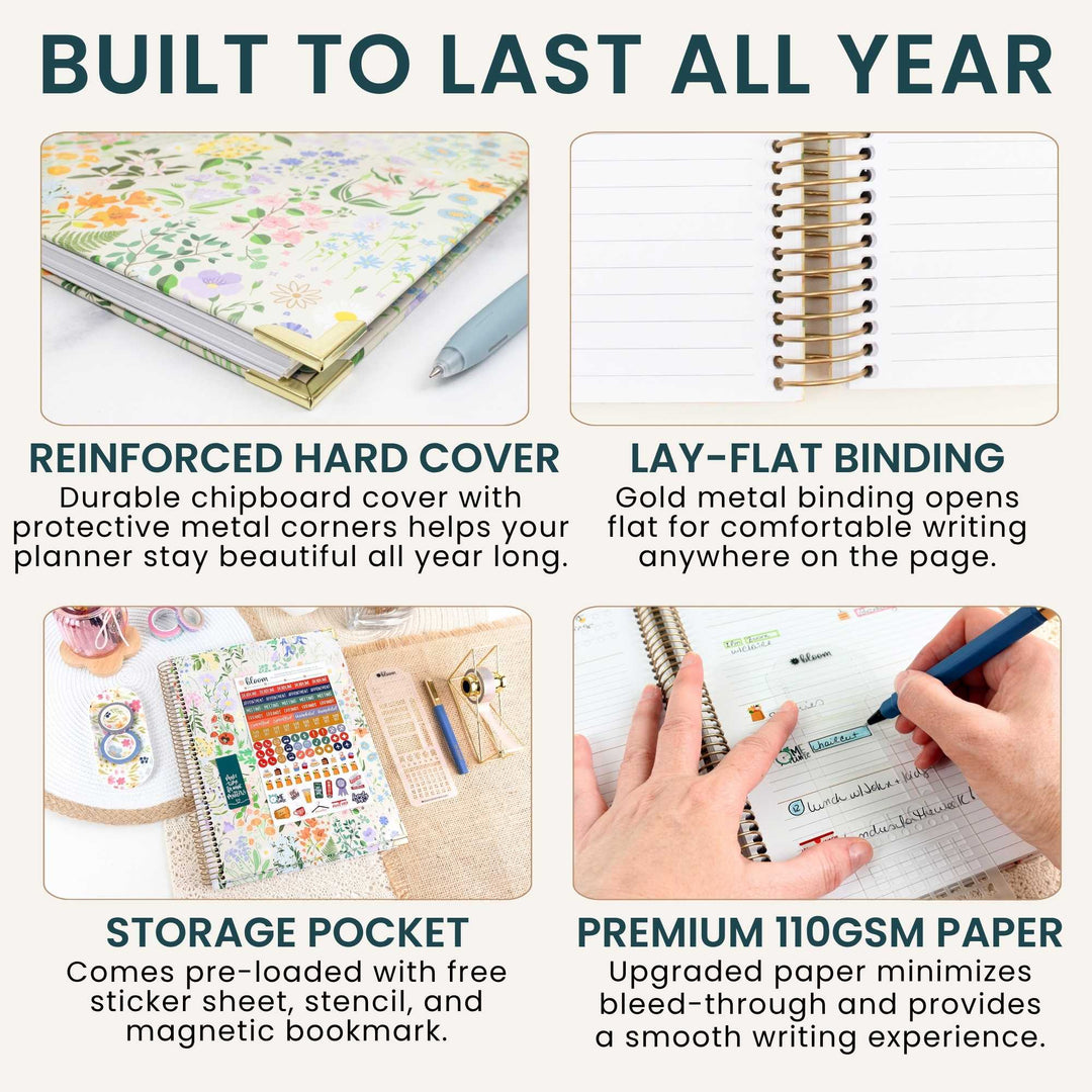 A promotional infographic for a planner or notebook with four feature callouts: reinforced hard cover, lay-flat binding, storage pocket, and premium 110 GSM paper. The image shows the notebook cover decorated with a floral pattern, a spiral binding open to a page, sticker sheets, a pencil, and hands writing in the notebook.