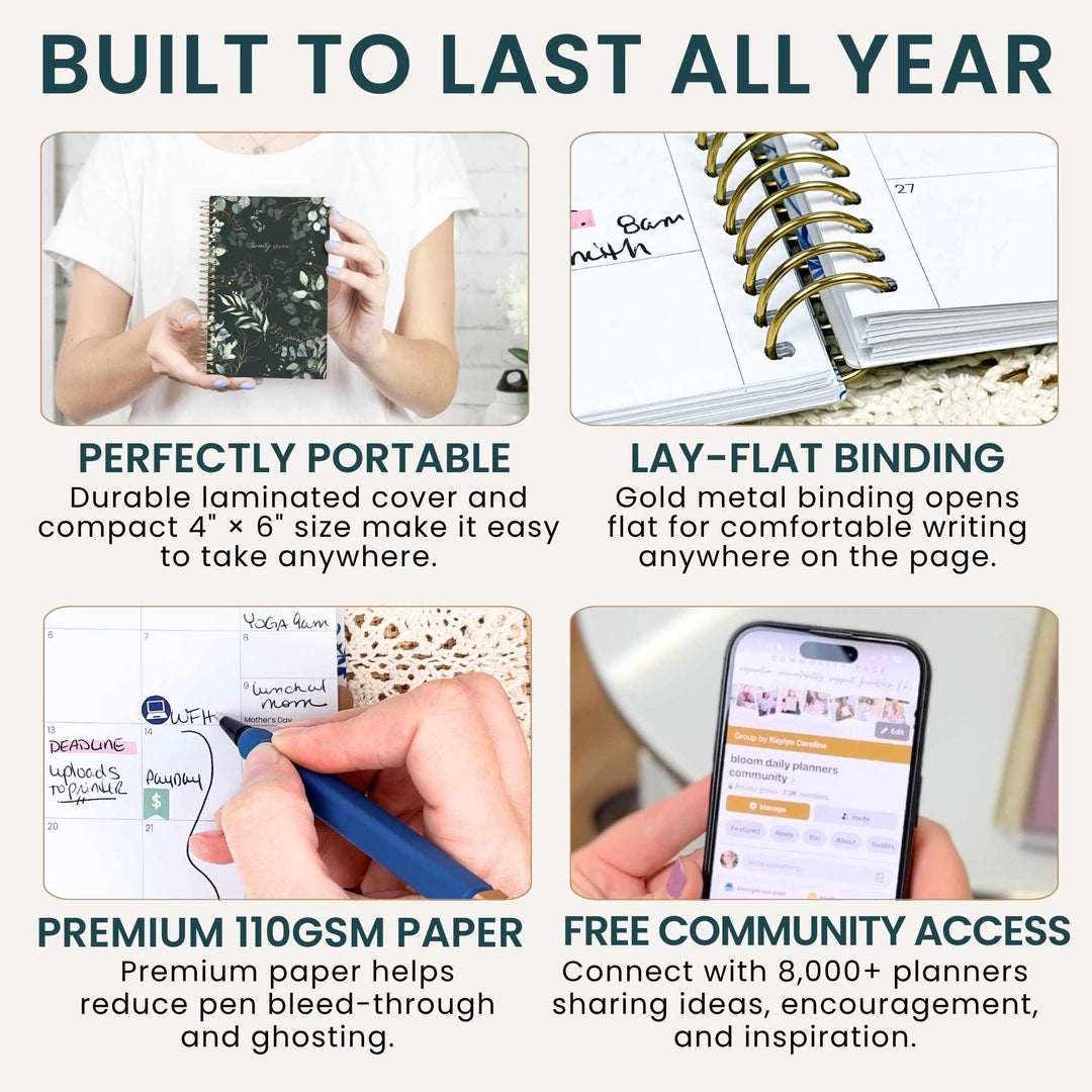 A 2x2 promotional infographic for a planner or notebook with the headline 'BUILT TO LAST ALL YEAR.' The tiles show a person holding the notebook, a close-up of the gold spiral binding opening to a flat page, a hand writing with a blue pen on premium paper, and a phone screen showing a planner app with the text 'Free Community Access.