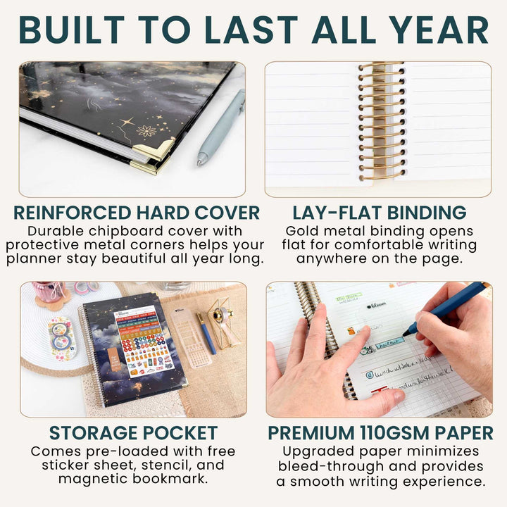 A four-panel promotional graphic for a planner or notebook with the headline 'BUILT TO LAST ALL YEAR.' The panels show close-up views of a dark glitter-patterned cover, gold spiral binding, a storage pocket with sticky notes and a magnet, and premium 110 GSM paper being written on.