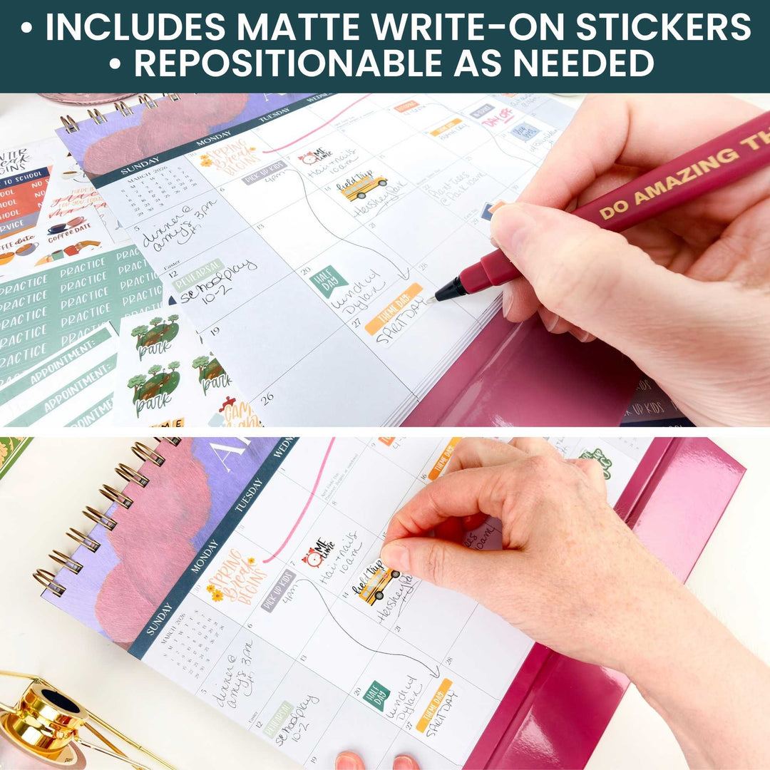 Person using a pen to write on a planner with matte write-on stickers.
