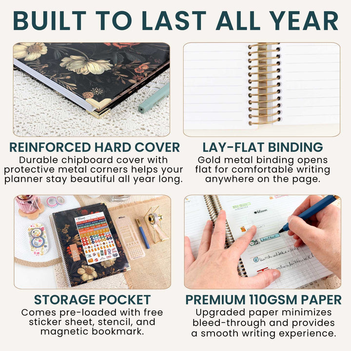 A promotional infographic for a planner notebook with four feature callouts: reinforced hard cover, lay-flat binding, storage pocket, and premium 110g paper. The top of the image reads 'BUILT TO LAST ALL YEAR.