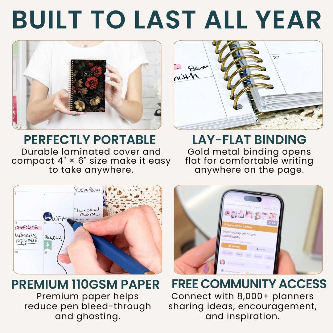 A 2x2 promotional infographic for a planner notebook. The top text reads 'BUILT TO LAST ALL YEAR.