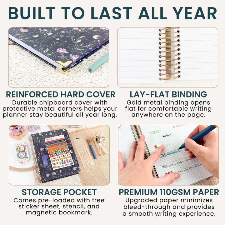 Details of the hard cover, lay-flat binding, pocket, and premium paper.