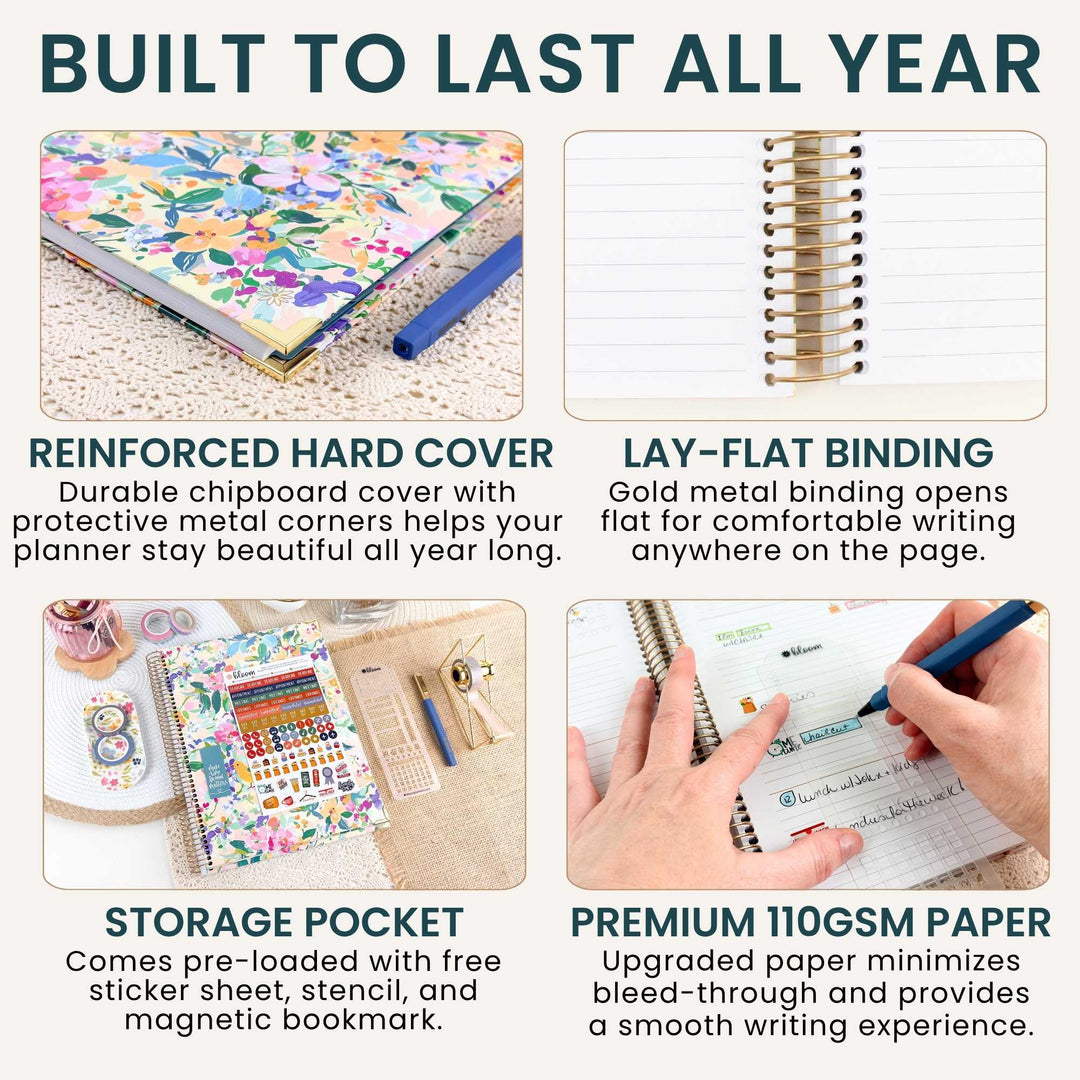 A four-panel promotional graphic for a floral hardcover planner, with the headline 'BUILT TO LAST ALL YEAR.' The panels show close-up views of the floral cover, gold spiral binding, a storage pocket with sticker/magnetic bookmark, and premium paper being filled out with a pen.