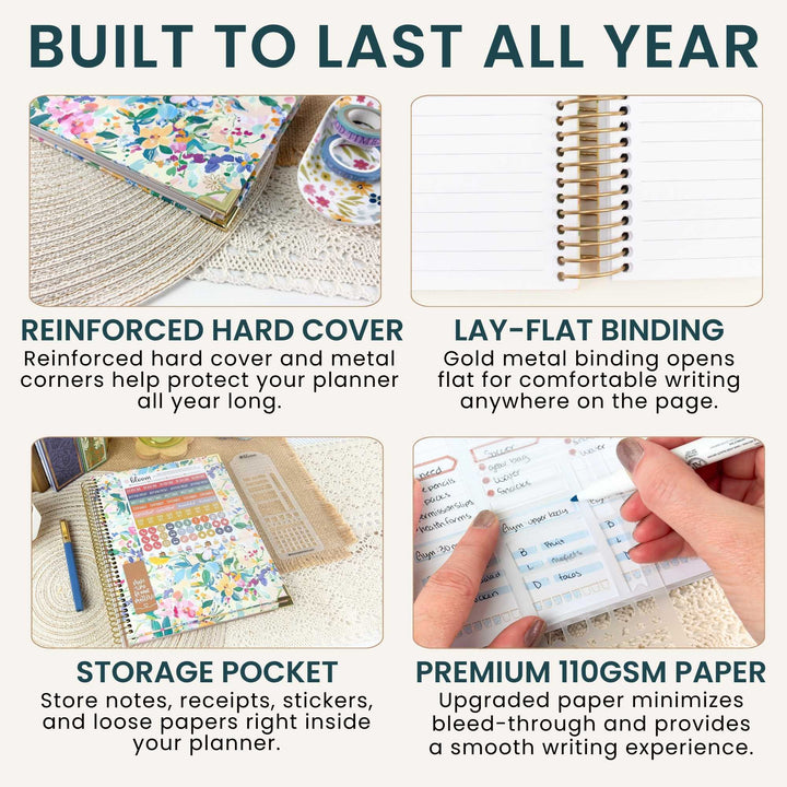 A 2x2 infographic detailing features of a floral planner: 'Built to Last All Year' with four panels showing a floral notebook, a spiral-bound planner page, a storage pocket with sticky notes, and premium 110 GSM paper.