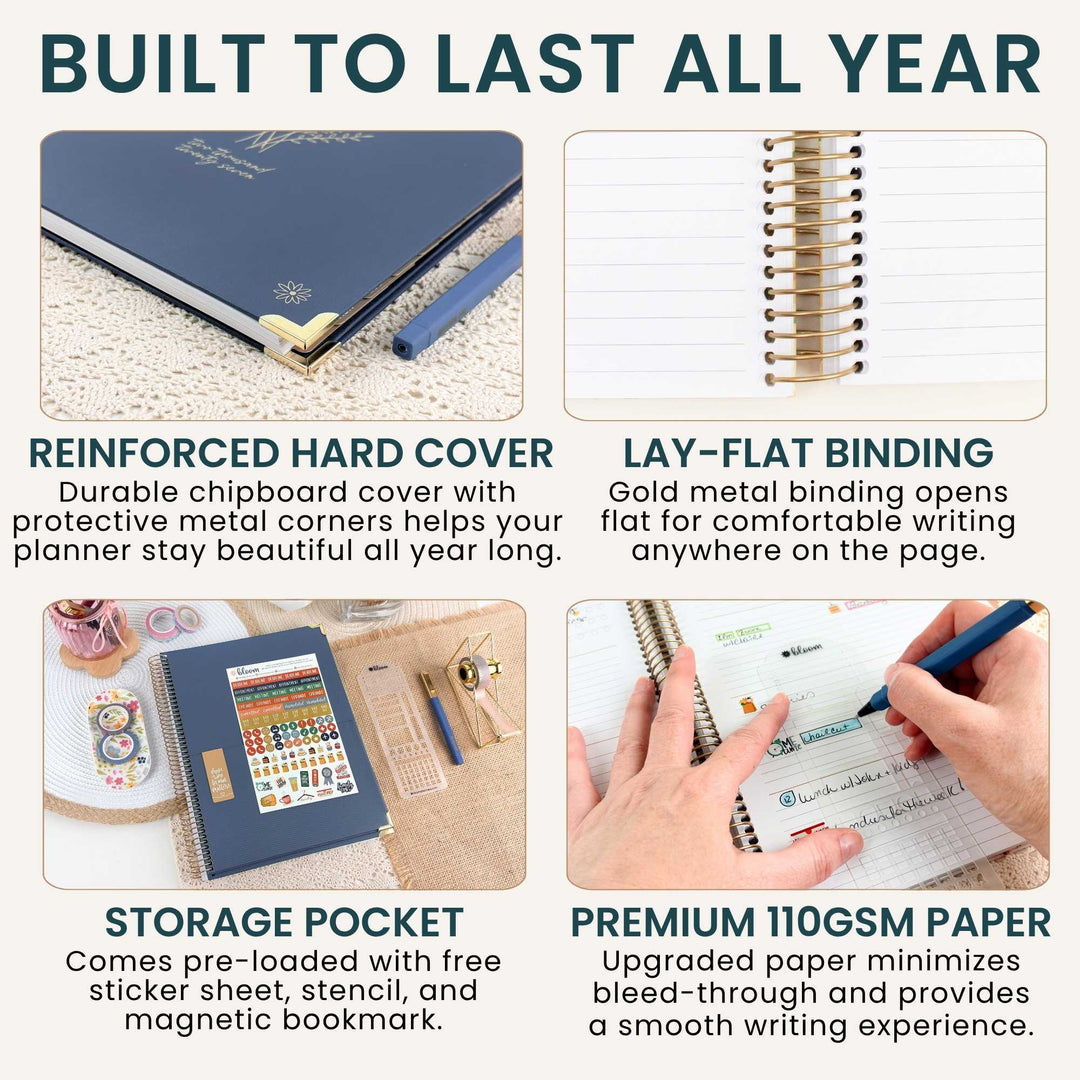 A four-panel marketing infographic for a notebook/planner cover. The headline reads 'BUILT TO LAST ALL YEAR.