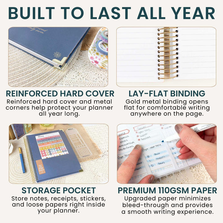 A 2x2 promotional infographic for a planner, with the headline 'BUILT TO LAST ALL YEAR' at the top. The panels show close-up product details: a navy hard cover with gold metal corners, a spiral-bound page, a storage pocket holding sticky notes and papers, and a hand turning a page in a lined notebook.
