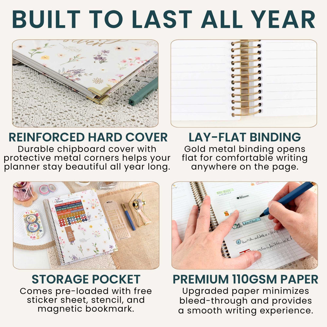 A promotional infographic for a floral notebook/planner with four feature callouts: reinforced hard cover, lay-flat binding, storage pocket, and premium 110g paper. The top text reads 'BUILT TO LAST ALL YEAR.