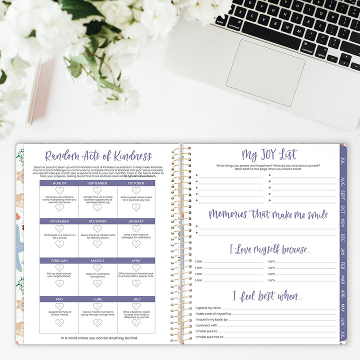 Kindness challenge and joy list tracker pages in an open academic planner spread.