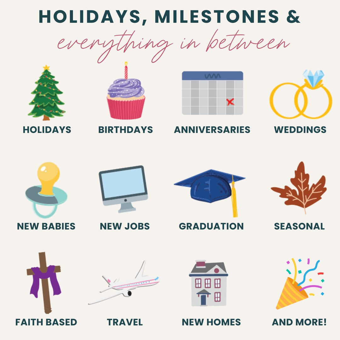 Holiday, birthday, anniversary, wedding, and other celebration theme sticker icons set.