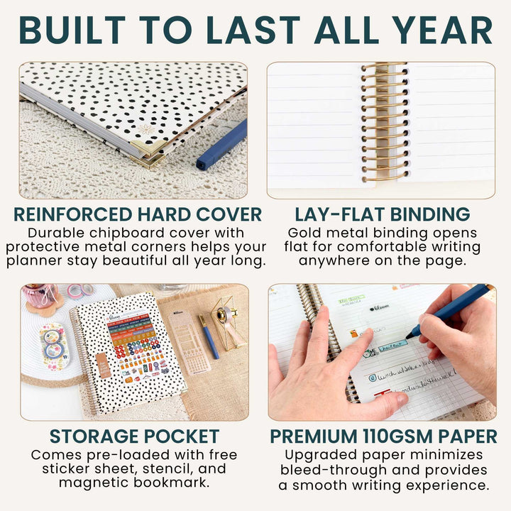 A four-panel promotional graphic for a planner notebook with a white chipboard cover and black polka dots. The top text reads 'BUILT TO LAST ALL YEAR.