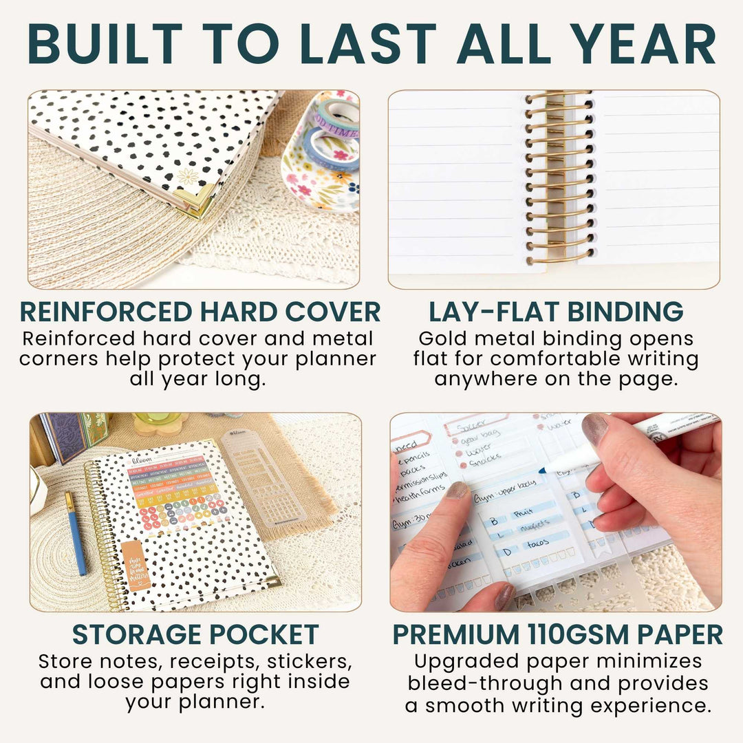 A 2x2 infographic detailing the features of a planner: a reinforced hard cover, lay-flat binding, a storage pocket, and premium 110 GSM paper. The top text reads 'BUILT TO LAST ALL YEAR'.