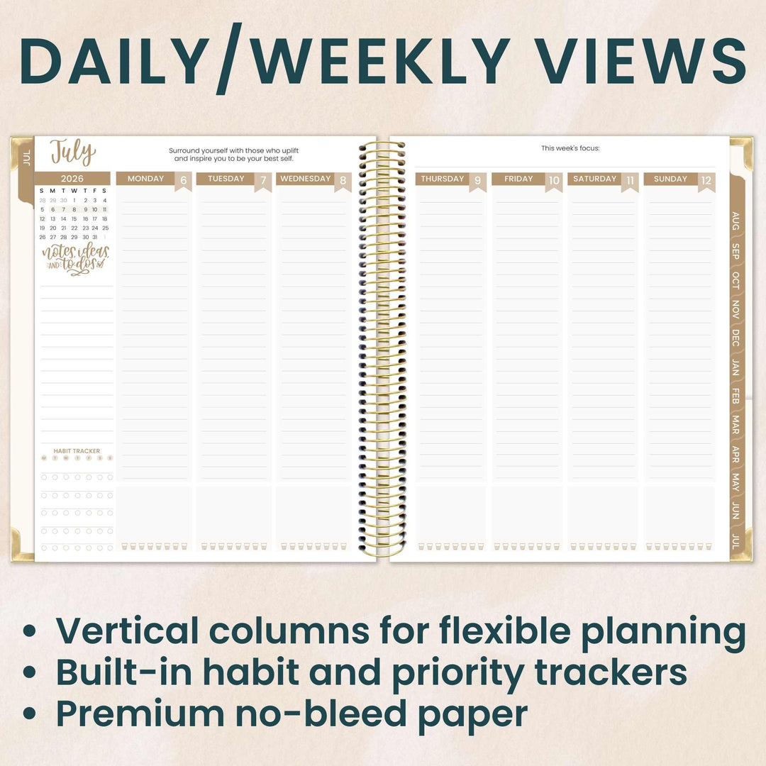 Planner with daily and weekly views on a beige background. Gold writing and vertical columns for planning each day. 