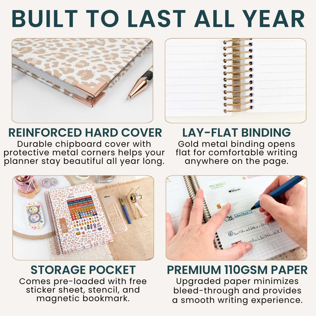 A promotional infographic for a planner notebook with four feature callouts: reinforced hard cover, lay-flat binding, storage pocket, and premium 110gsm paper. The top shows the closed notebook cover in a beige-and-white pattern, and the bottom three panels show close-ups of the spiral binding, interior pages, and accessories including stickers, pens, and a keychain.