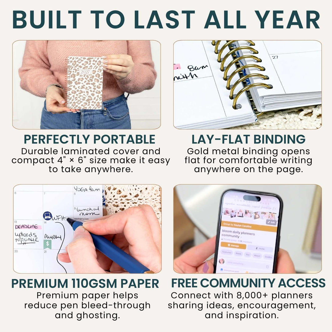 A 4-panel promotional graphic for a planner or notebook cover. The top text reads 'BUILT TO LAST ALL YEAR.
