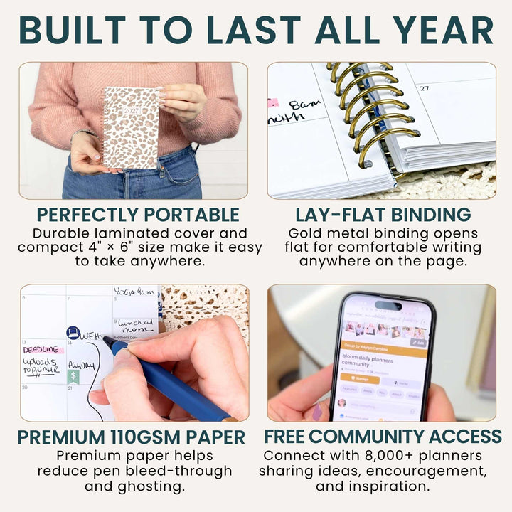 A 4-panel promotional graphic for a planner or notebook cover. The top text reads 'BUILT TO LAST ALL YEAR.