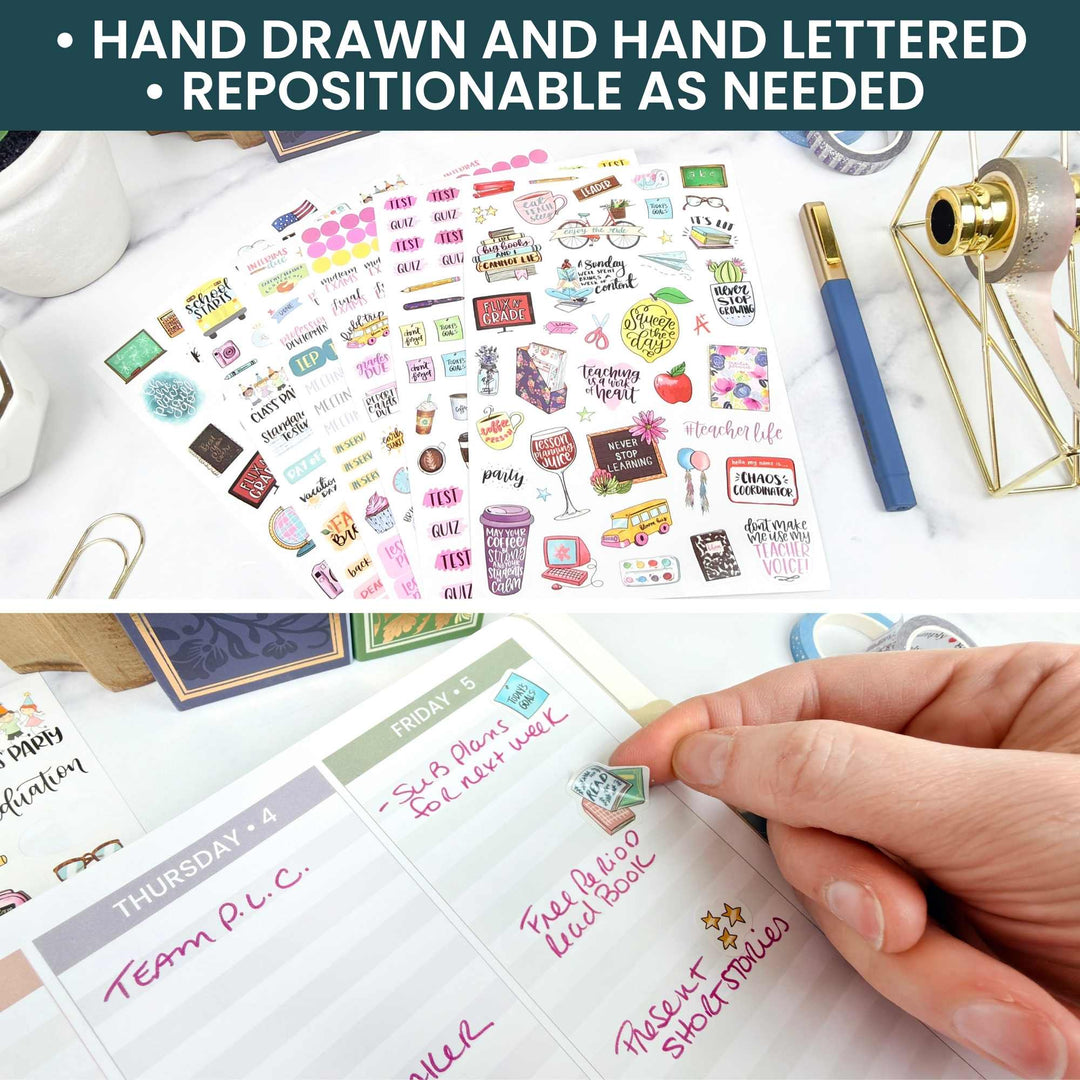 Hand-drawn and hand-lettered stickers on a sheet with a person applying one to a surface.