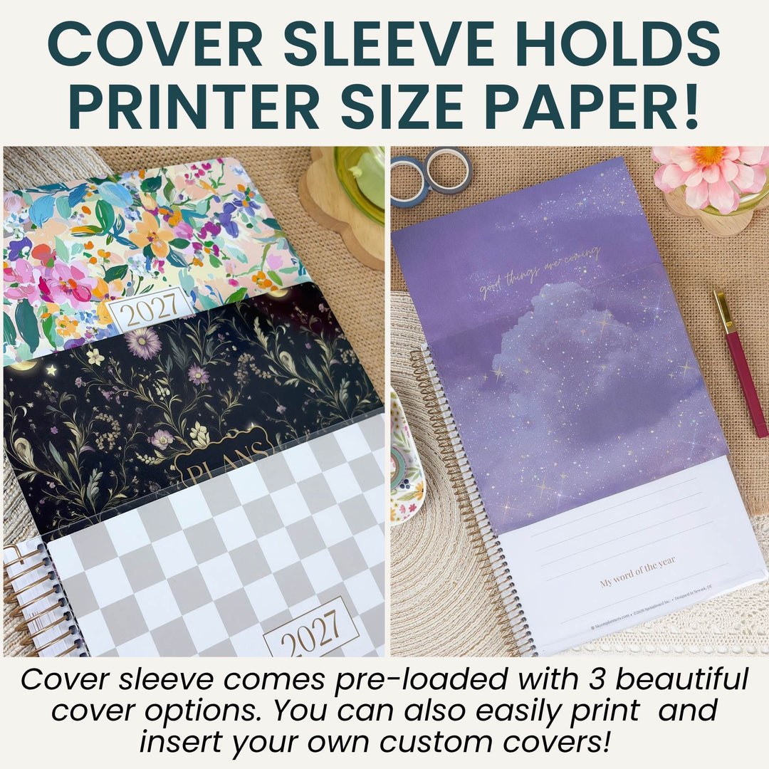 Promotional graphic for a planner cover sleeve that holds printer size paper. The image shows a spiral-bound planner cover sleeve with three sample cover designs: a colorful floral print, a dark botanical pattern with gold foil text, and a white-and-gray checkerboard pattern.