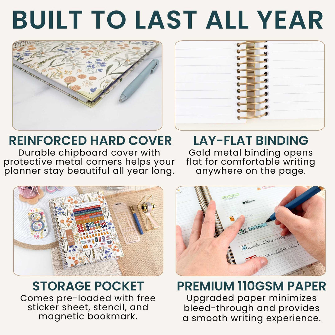 A promotional infographic for a floral-patterned hardcover planner, showing four feature callouts: reinforced hard cover, lay-flat binding, storage pocket with sticker sheet and magnetic bookmark, and premium 110 GSM paper. The top headline reads 'BUILT TO LAST ALL YEAR.