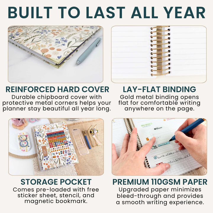 A promotional infographic for a floral-patterned hardcover planner, showing four feature callouts: reinforced hard cover, lay-flat binding, storage pocket with sticker sheet and magnetic bookmark, and premium 110 GSM paper. The top headline reads 'BUILT TO LAST ALL YEAR.