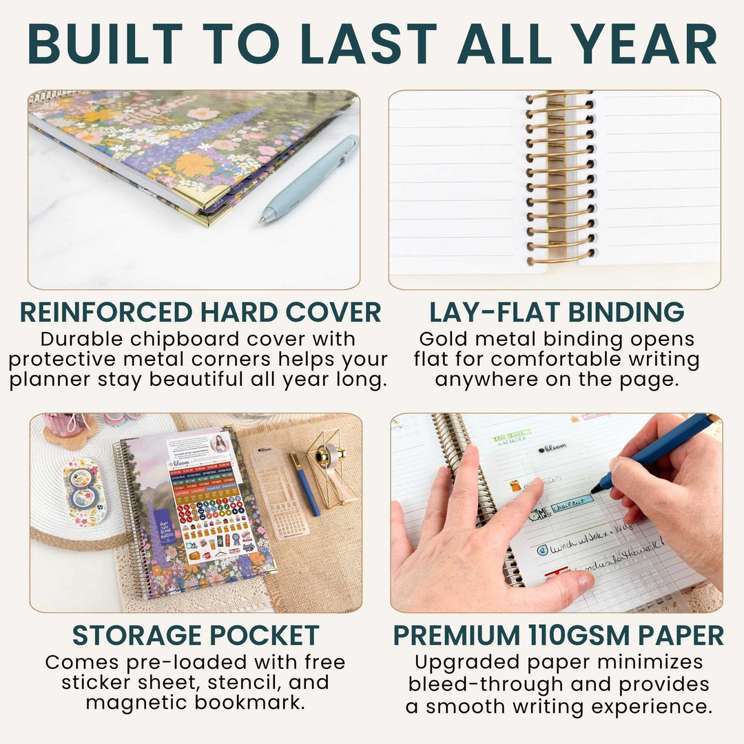 A four-panel marketing infographic for a planner notebook. The top text reads 'BUILT TO LAST ALL YEAR.
