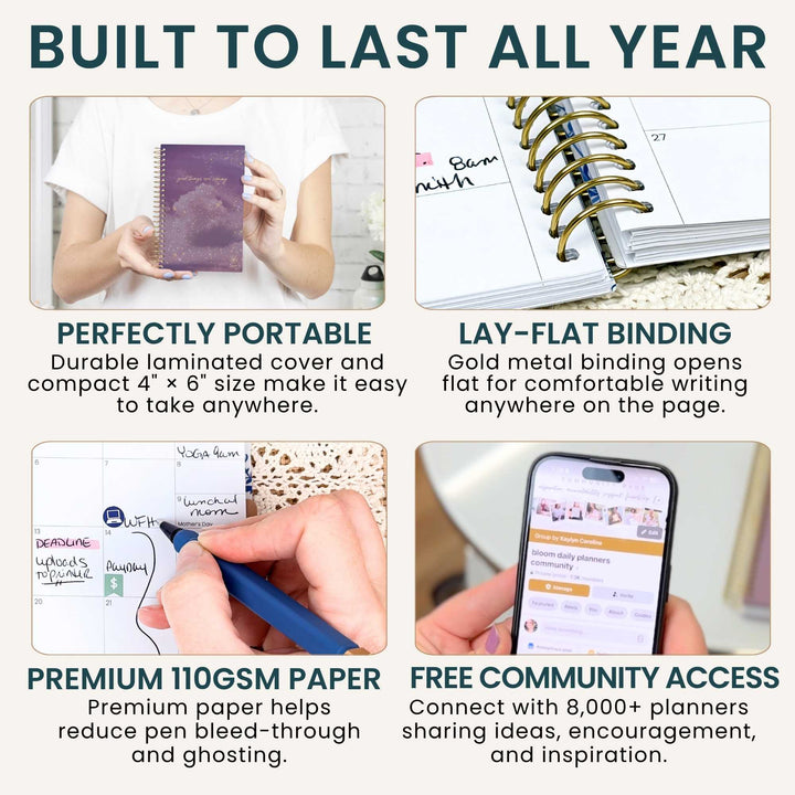 A 2x2 promotional infographic for a planner notebook. The top text reads 'BUILT TO LAST ALL YEAR.