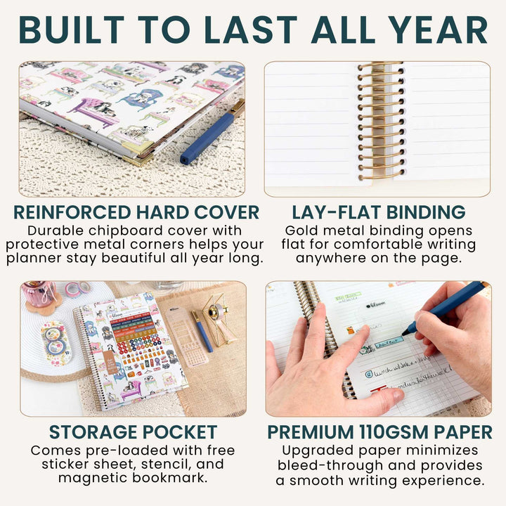 A 4-panel marketing infographic for a notebook/planner with the headline 'BUILT TO LAST ALL YEAR.' The panels show the notebook cover reinforced with metal corners, gold spiral binding, a storage pocket with stickers and a bookmark, and premium 110 GSM paper being used for writing.
