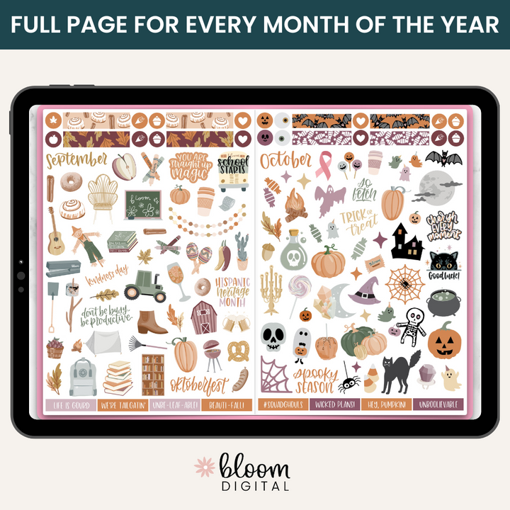 Digital Planner Stickers, Monthly Celebrations, Cool Tones