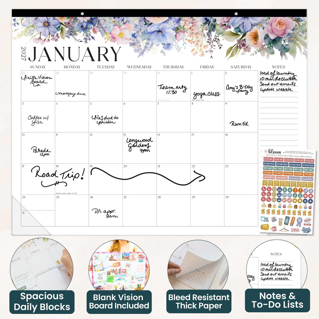 January calendar with floral design and daily blocks for notes and to-do lists.