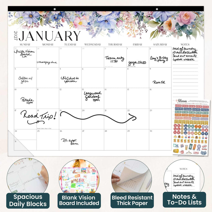 January calendar with floral design and daily blocks for notes and to-do lists.
