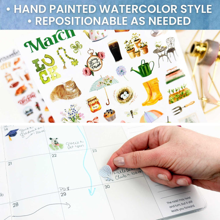 March sticker sheet displayed with close-up of repositionable sticker being placed