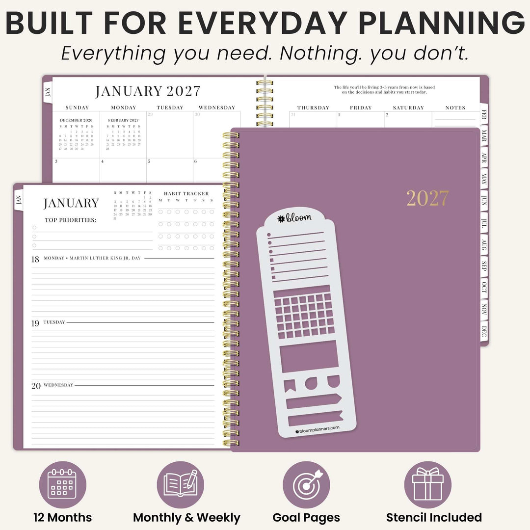 A 2027 spiral-bound planner shown open with weekly and monthly view pages, alongside the closed purple cover featuring a white stencil insert and gold '2027' text. Large headline text at the top reads 'BUILT FOR EVERYDAY PLANNING' and icons at the bottom mention 12 months, monthly & weekly, goal pages, and stencil included.