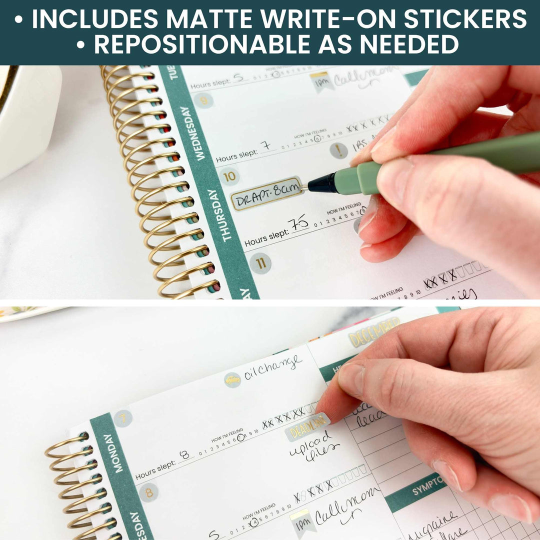 Person using a pen to write on a planner with text about matte write-on stickers.