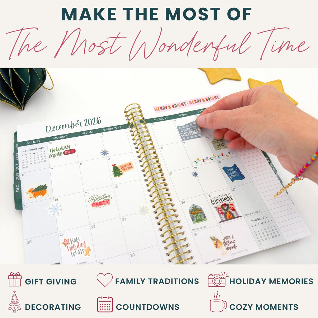 Planner page decorated with small Christmas stickers for gift giving and traditions