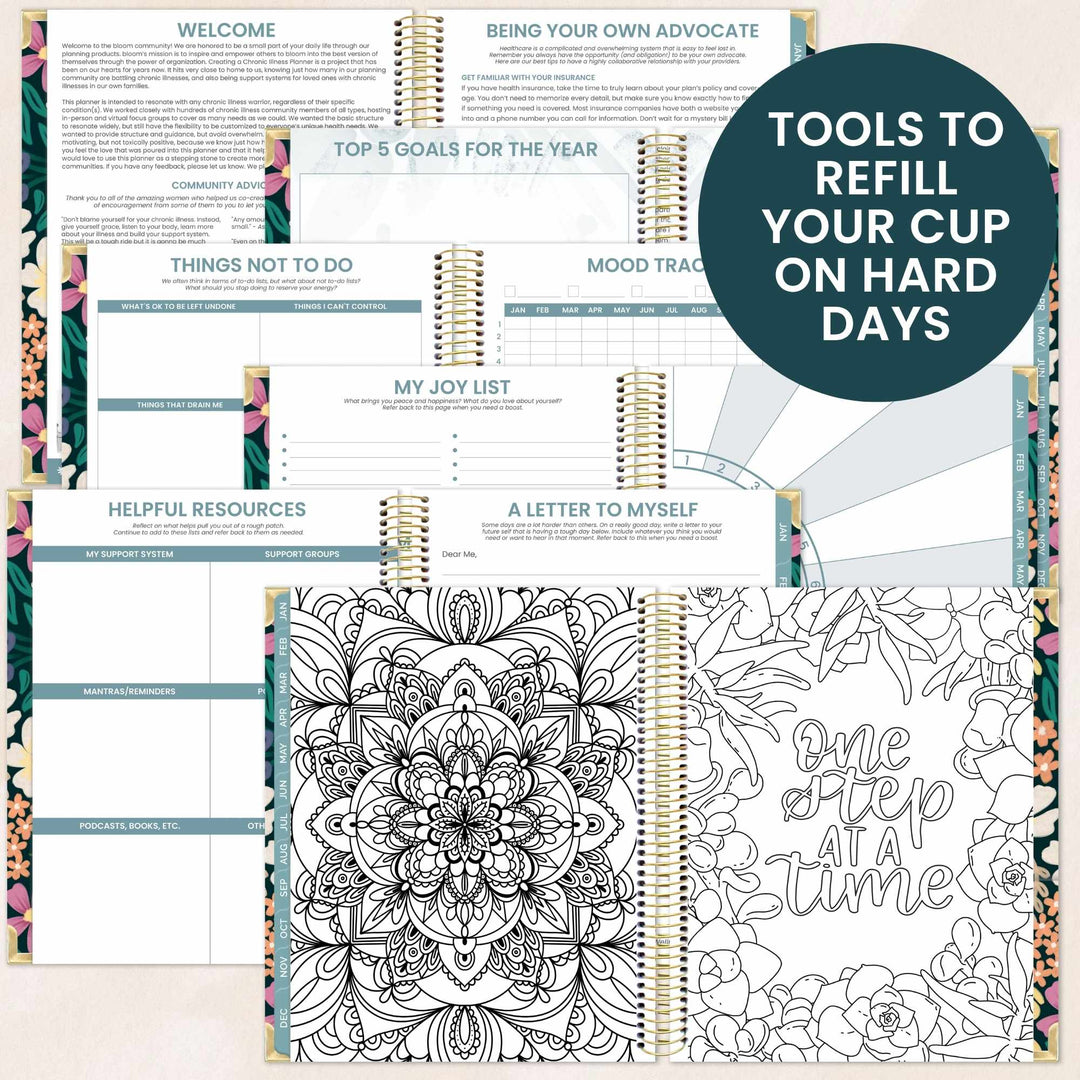 Collection of planner pages with mandala design and motivational text on a white background