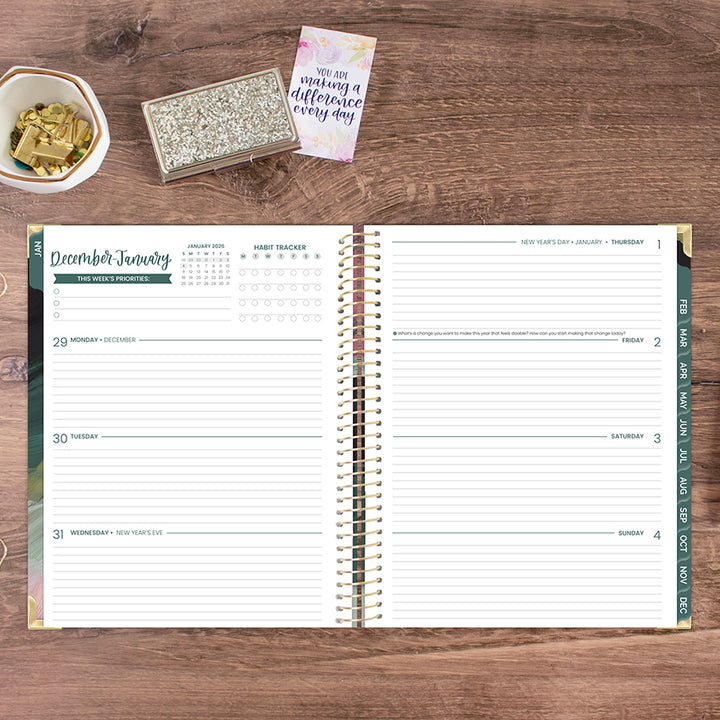 2026 Hard Cover Planner, 8.5" x 11", Emerald Paint Strokes