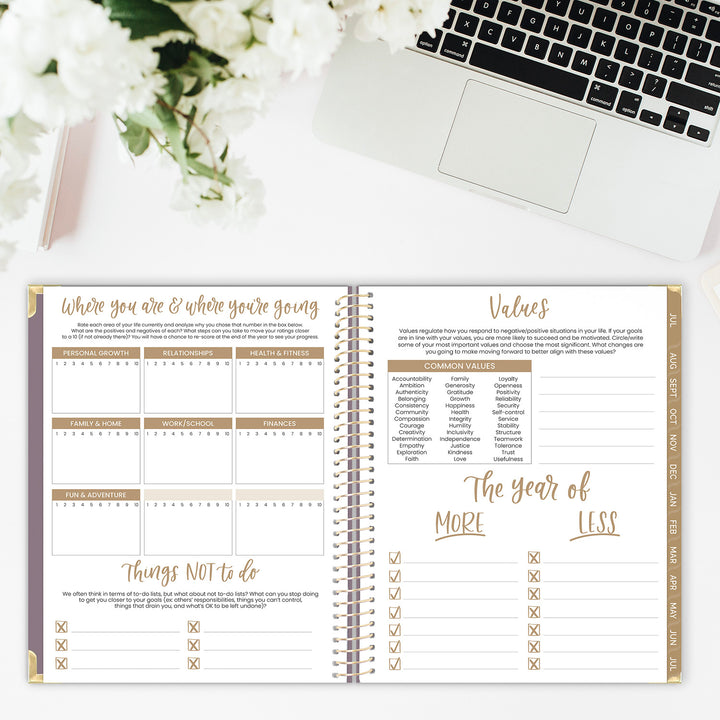 Open planner with sections on a desk with a laptop and flowers