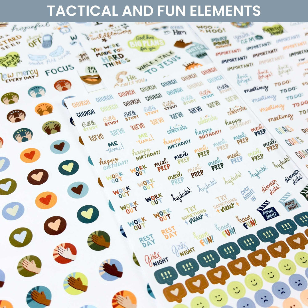 A close up of tactical stickers like work out and meal prep. 
