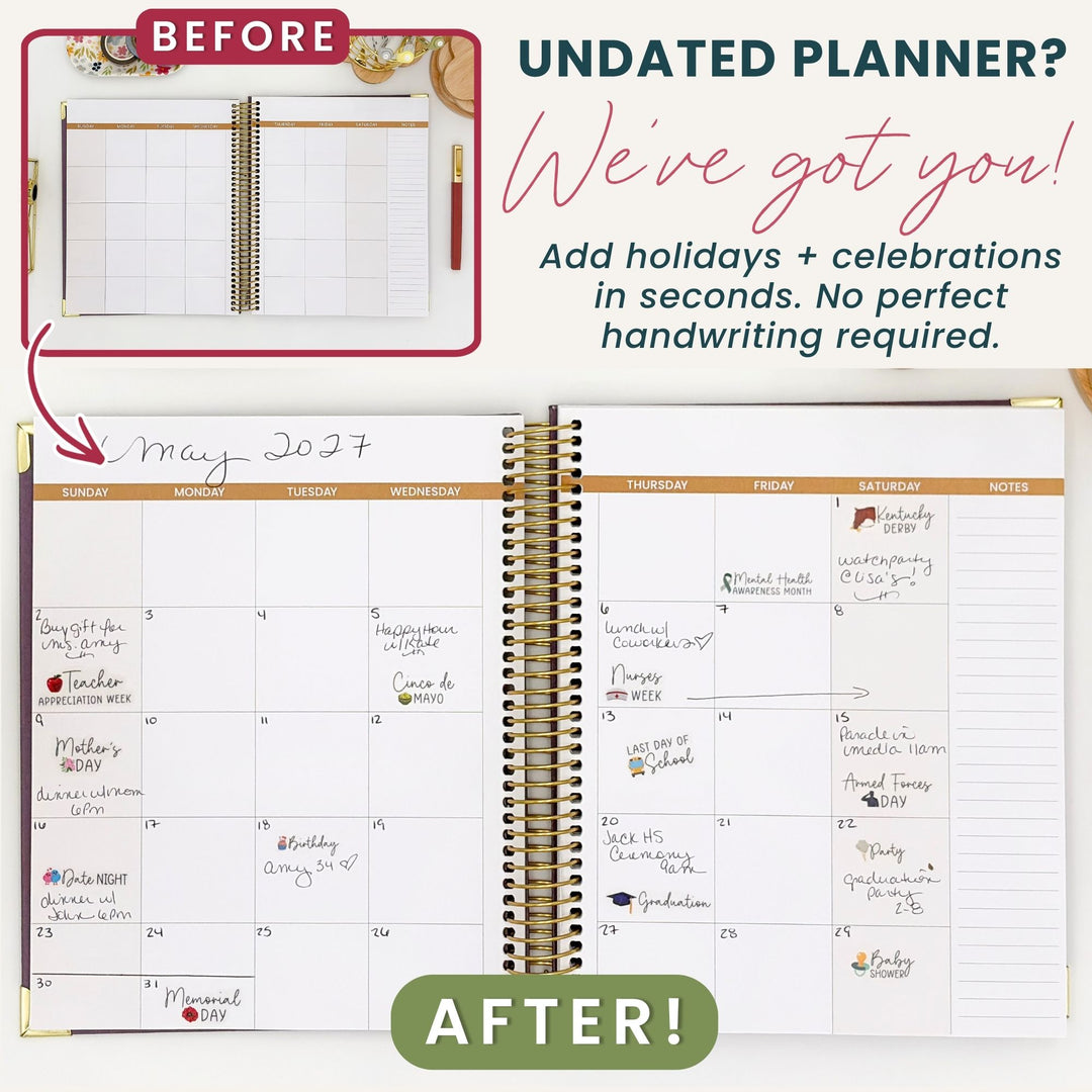 Clear-backed stickers added to an undated planner to mark holidays and celebrations quickly.