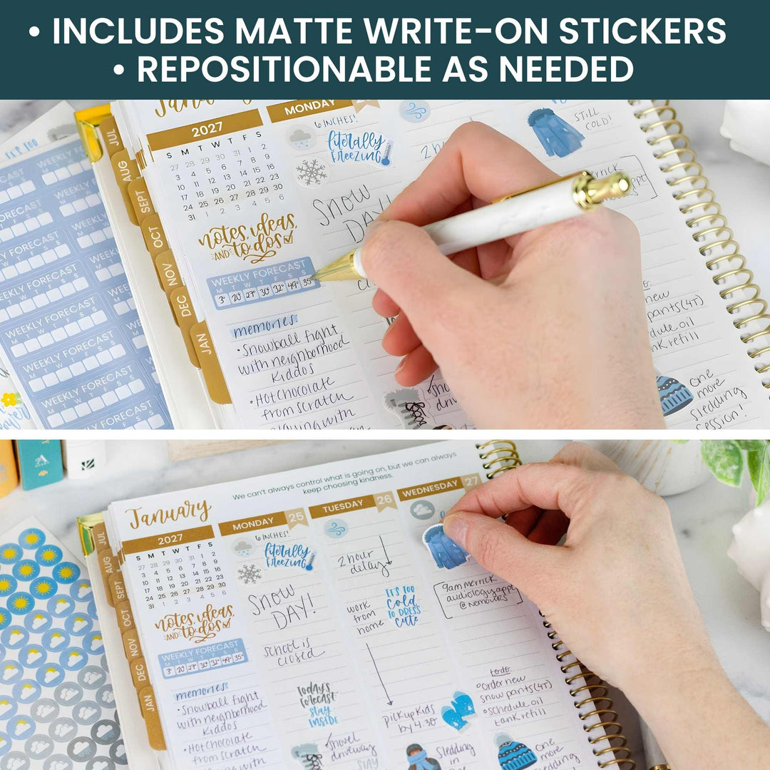 Person using a planner with matte write-on stickers and a pen, with text indicating features.
