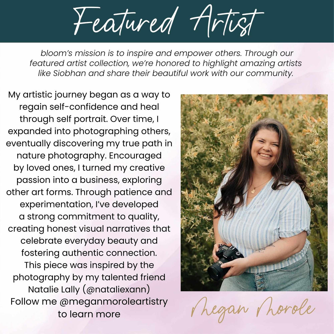 Text about a featured artist with a photo of a woman holding a camera in nature.