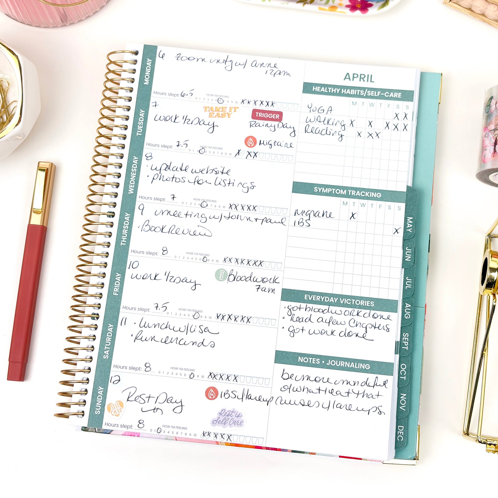 Weekly view of a chronic illness planner tracking habits, medications, symptoms and more.